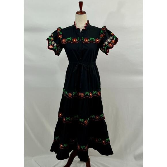 CELIAB Celia B Sz S Small Black Red Green Embroidered Bora Bora Shirt Dress Midi - Picture 8 of 11